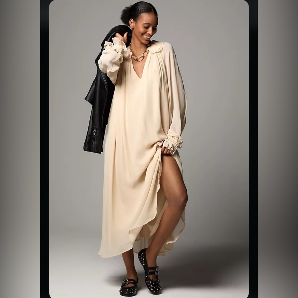 By Anthropologie Long-Sleeve Sheer Pleated Midi Dress